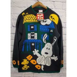 Vintage Snoopy sz Large Halloween Sweater Woodstock BOO‎ Haunted House USA NEW